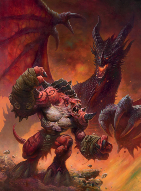 Deathwing and Gruul battling.